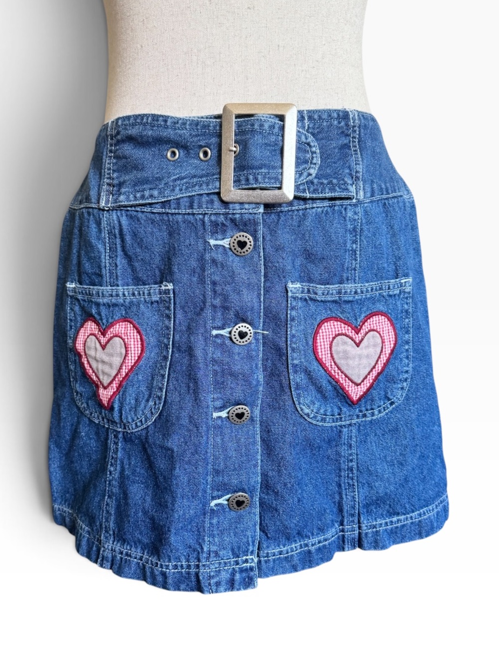 Vintage 90's Blue Denim Mini Skirt with Heart Patch Pockets